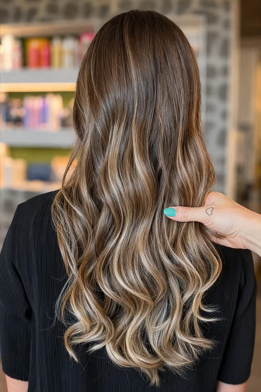 Una cliente di spalle con lunghe onde balayage castane e miele; una mano con lo smalto verde acqua solleva una ciocca davanti agli scaffali illuminati del salone.