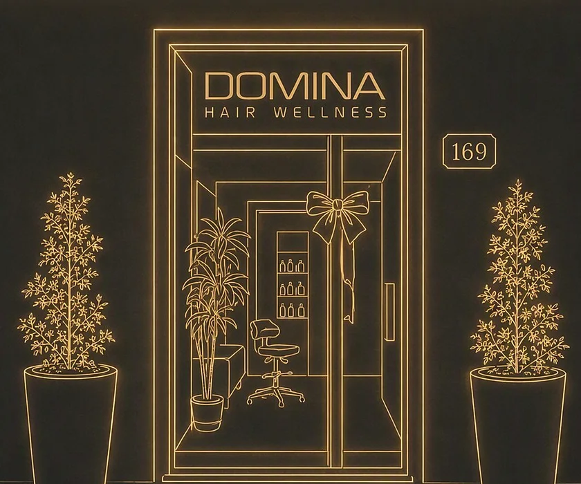 L'entrata del salone al numero 169 disegnata con linee di luce dorata: la vetrina con l'insegna DOMINA, il fiocco, la poltrona e la pianta, due alberelli in vaso ai lati.