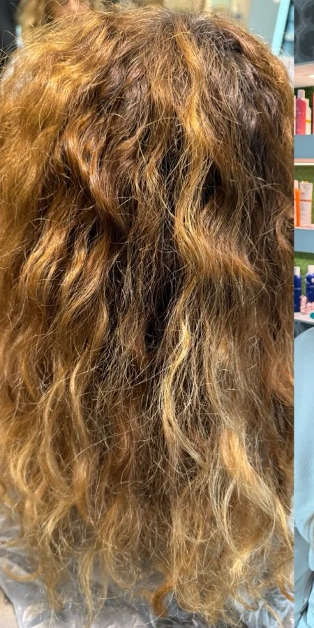 Prima: capelli ricci castani con le punte chiare e sfibrate.