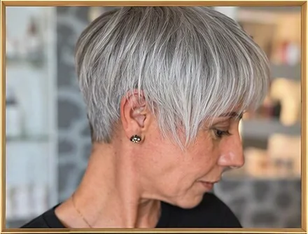 Una cliente di profilo con un taglio corto argento e la frangia lunga.